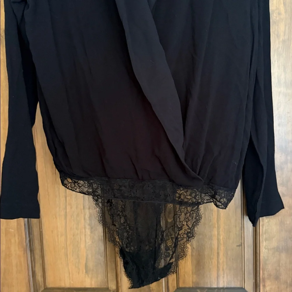 Free People Intimately Elsa Bodysuit Black Lace Surplice Bodysuit M Black NWT